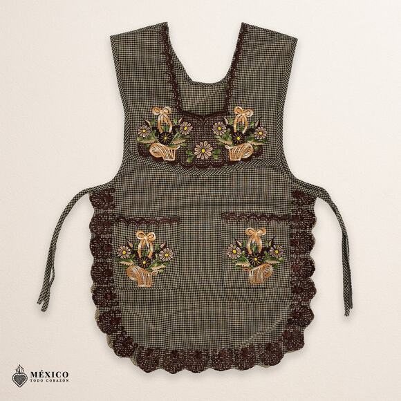 Brown Mexican Embroidered Smock Apron – Floral Traditional Design for Women - Picture 3 of 8